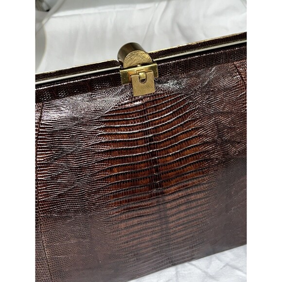 Vintage 50's Tegu Lizard Skin Kelly Hand Bag Mahogany Brushed Metal Clasp 14x9x4 - Picture 8 of 16